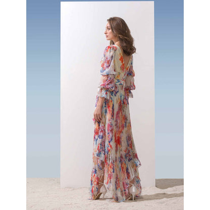 MANDIRA WIRK Pleated Chiffon Dress with Tie-Up Belt