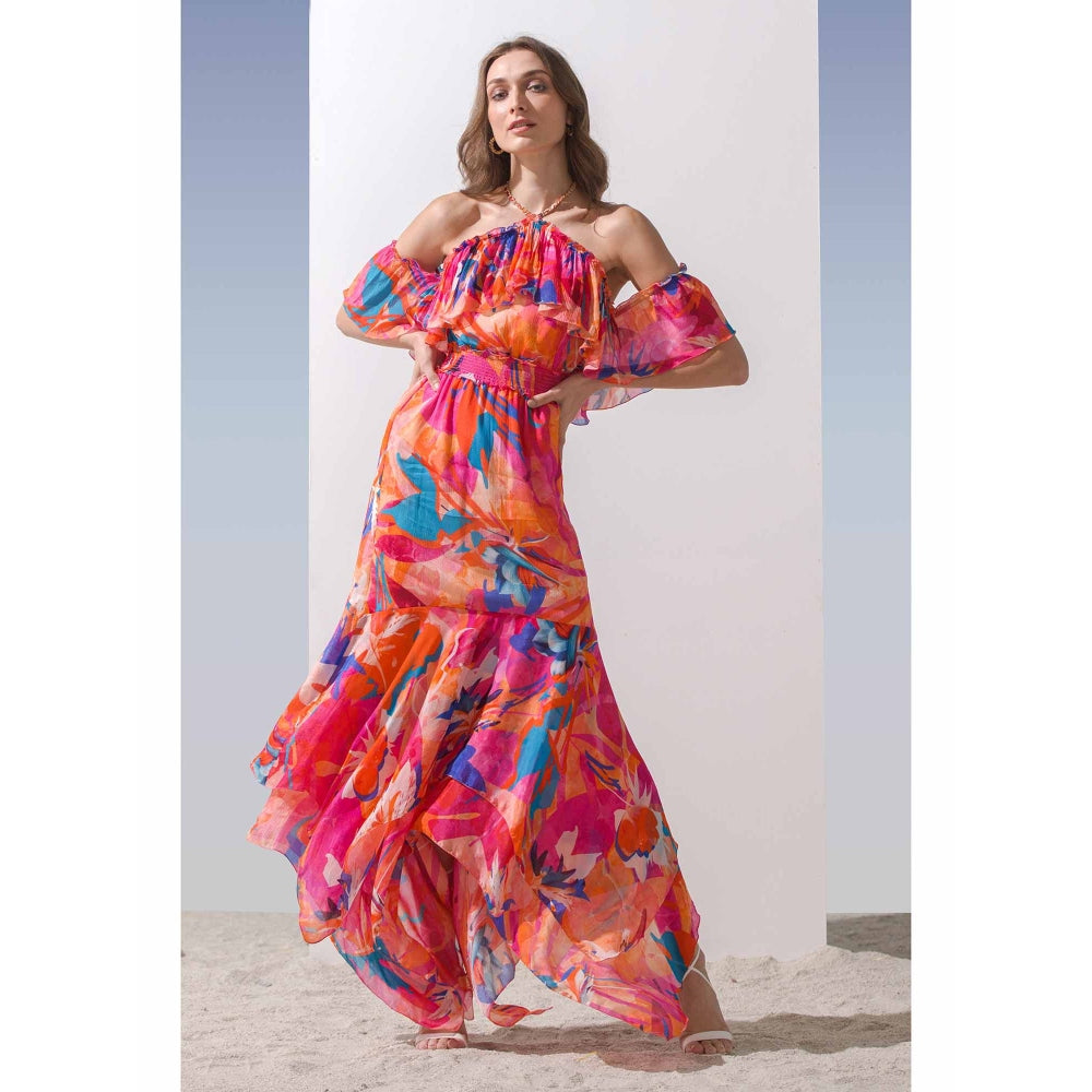 MANDIRA WIRK Printed Asymmetric Halter Neck Dress