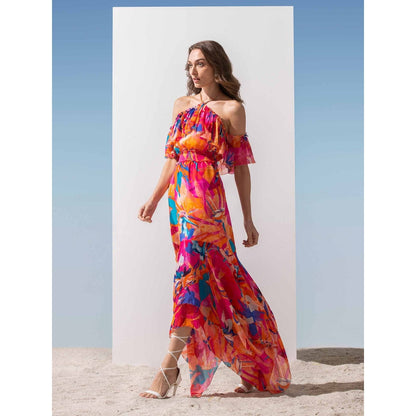 MANDIRA WIRK Printed Asymmetric Halter Neck Dress