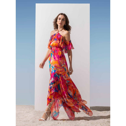 MANDIRA WIRK Printed Asymmetric Halter Neck Dress