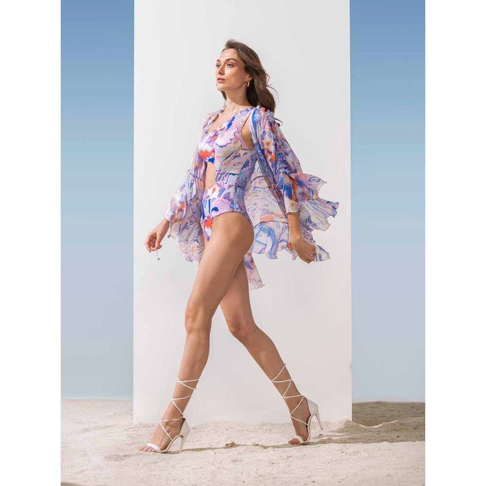 MANDIRA WIRK Spandex Marble Bodysuit & Overlayer (Set of 2)