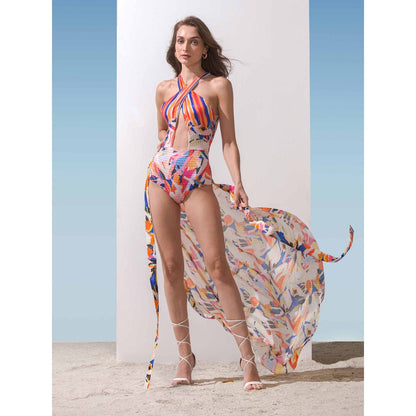 MANDIRA WIRK Printed Chiffon Wrap & Geometric Bodysuit (Set of 2)