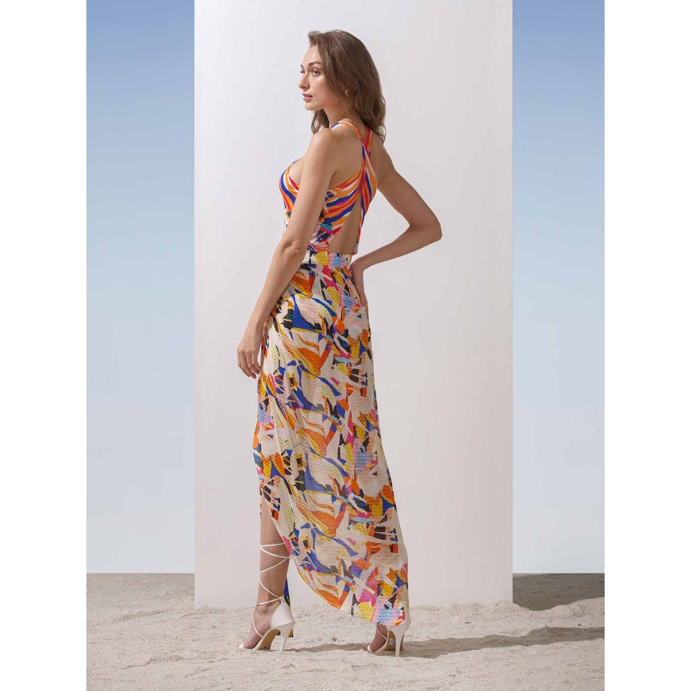 MANDIRA WIRK Printed Chiffon Wrap & Geometric Bodysuit (Set of 2)