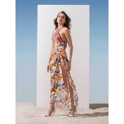 MANDIRA WIRK Printed Chiffon Wrap & Geometric Bodysuit (Set of 2)