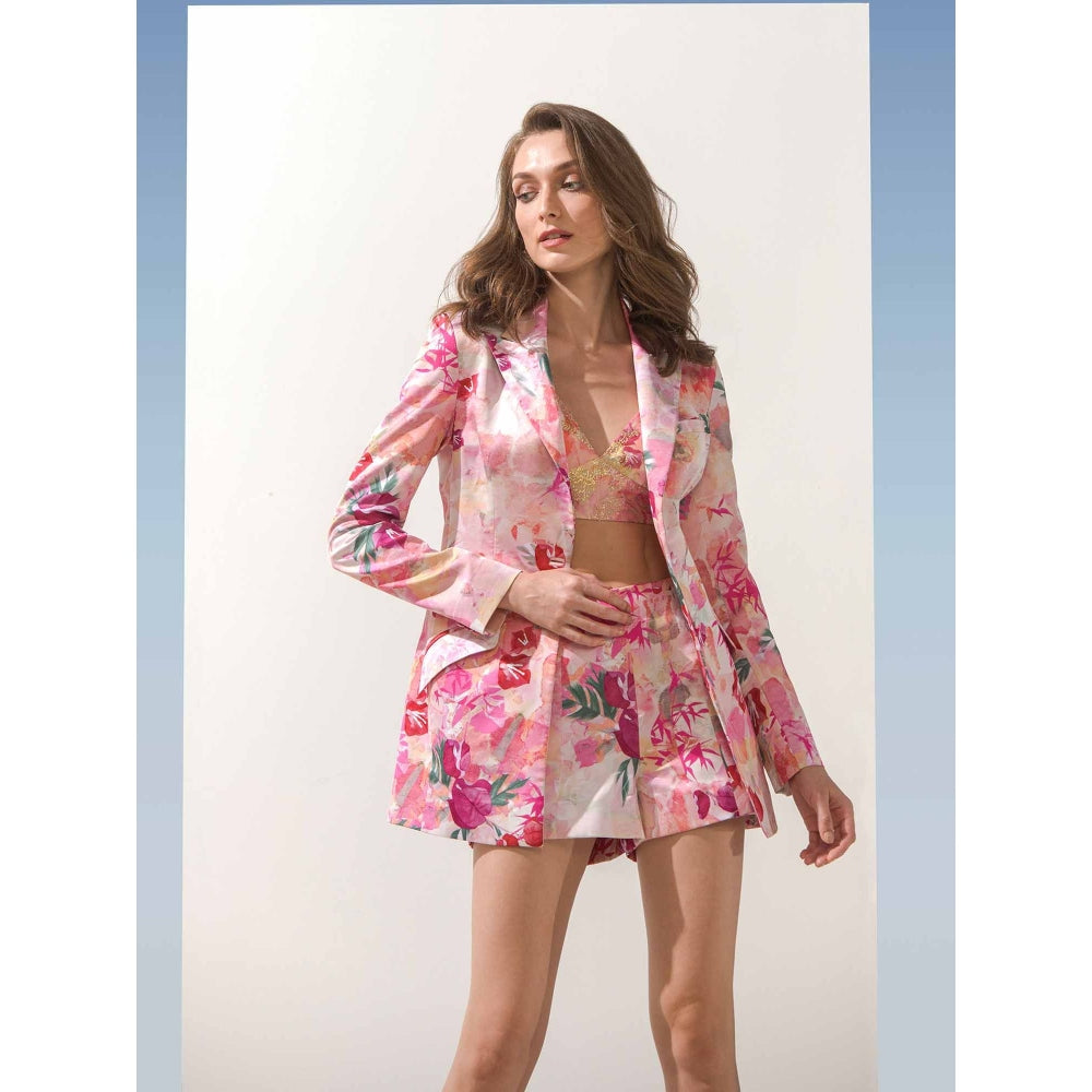 MANDIRA WIRK Pastels Printed Jacket and Shorts & Bustier (Set of 3)