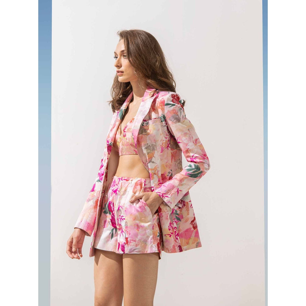 MANDIRA WIRK Pastels Printed Jacket and Shorts & Bustier (Set of 3)