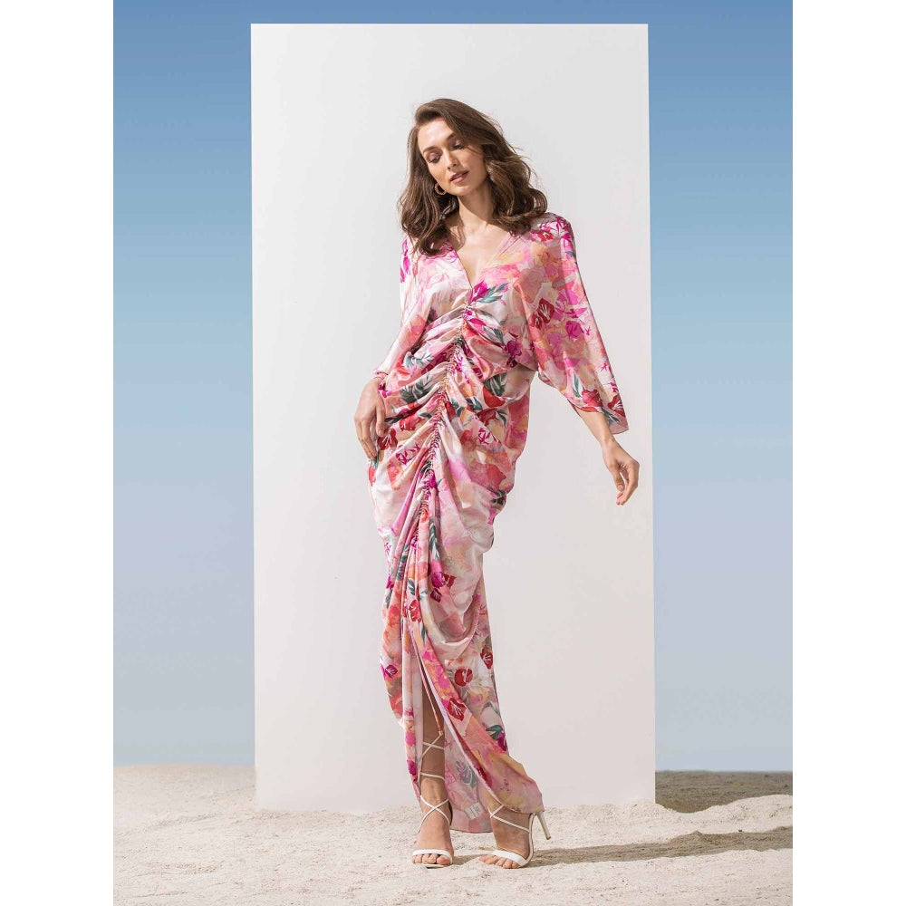 MANDIRA WIRK Pastel Printed Ruched Kaftan Dress