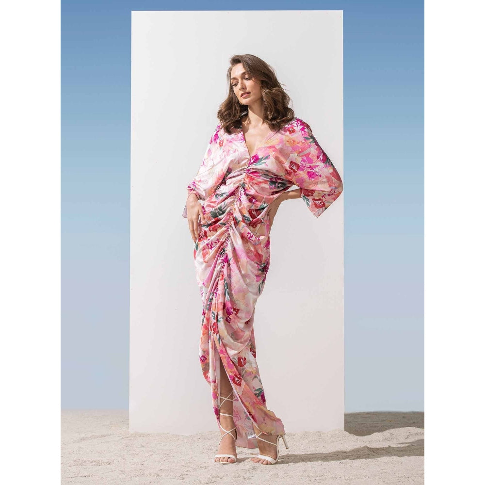 MANDIRA WIRK Pastel Printed Ruched Kaftan Dress