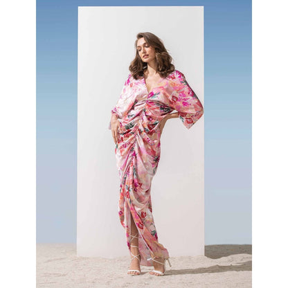 MANDIRA WIRK Pastel Printed Ruched Kaftan Dress