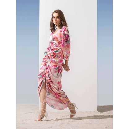 MANDIRA WIRK Pastel Printed Ruched Kaftan Dress