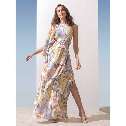 MANDIRA WIRK Marble Print One Shoulder Kaftan Dress with Belt