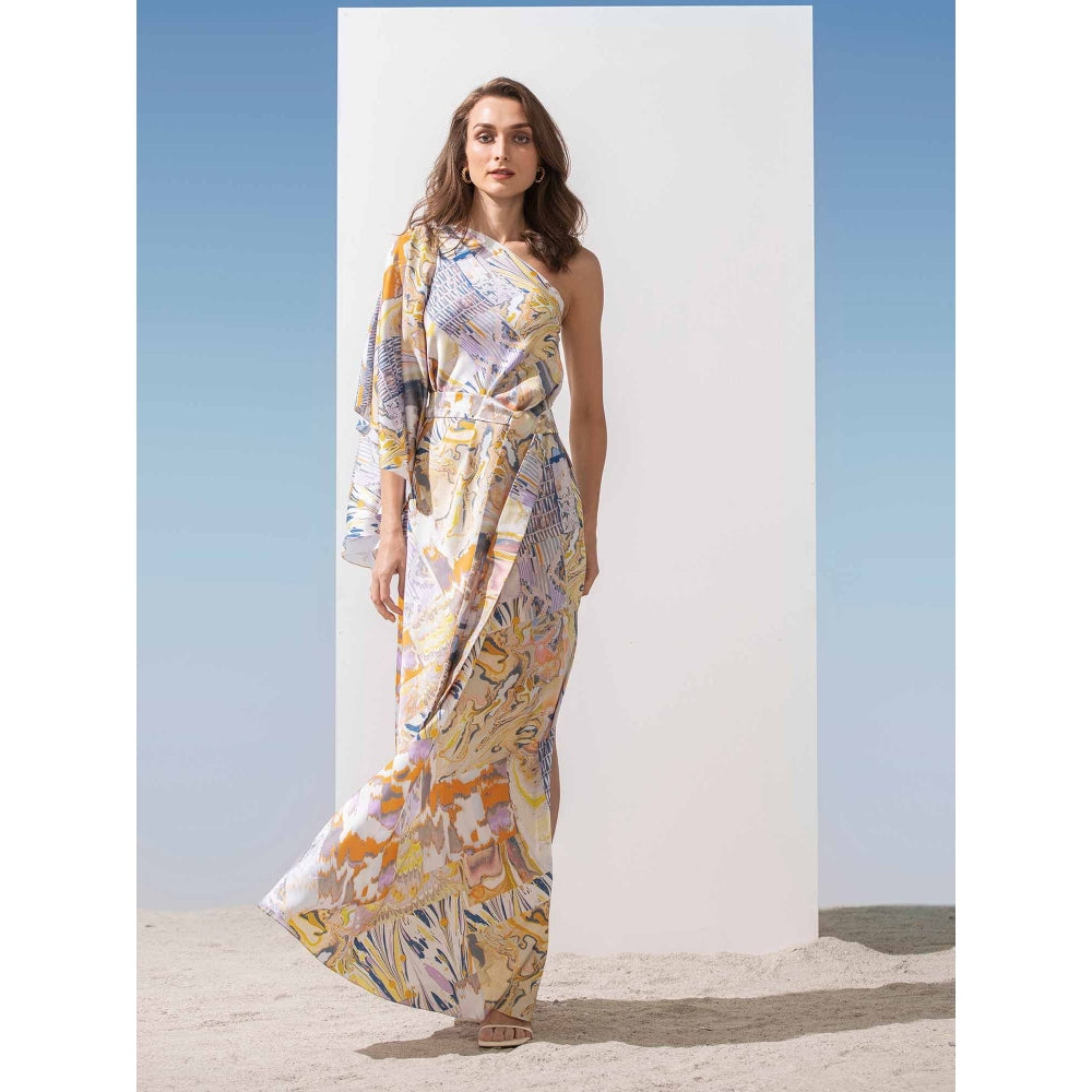 MANDIRA WIRK Marble Print One Shoulder Kaftan Dress with Belt