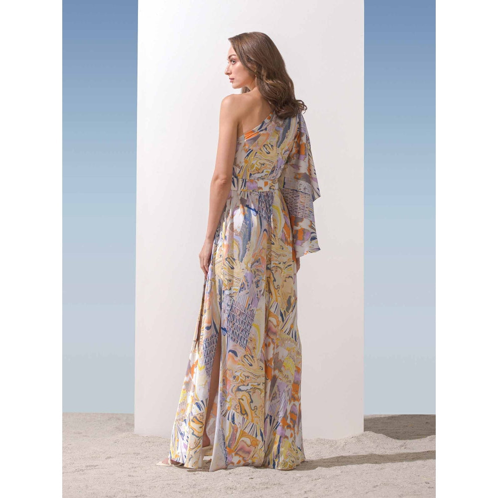 MANDIRA WIRK Marble Print One Shoulder Kaftan Dress with Belt