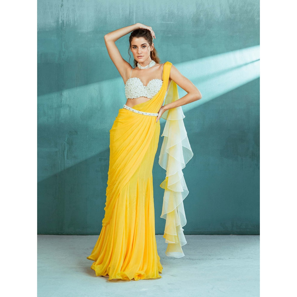 MANDIRA WIRK Yellow Chiffon Ruffled Draped Saree with Stitched Blouse (Set of 3)