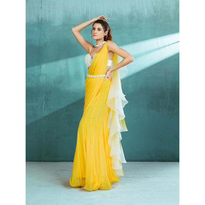 MANDIRA WIRK Yellow Chiffon Ruffled Draped Saree with Stitched Blouse (Set of 3)