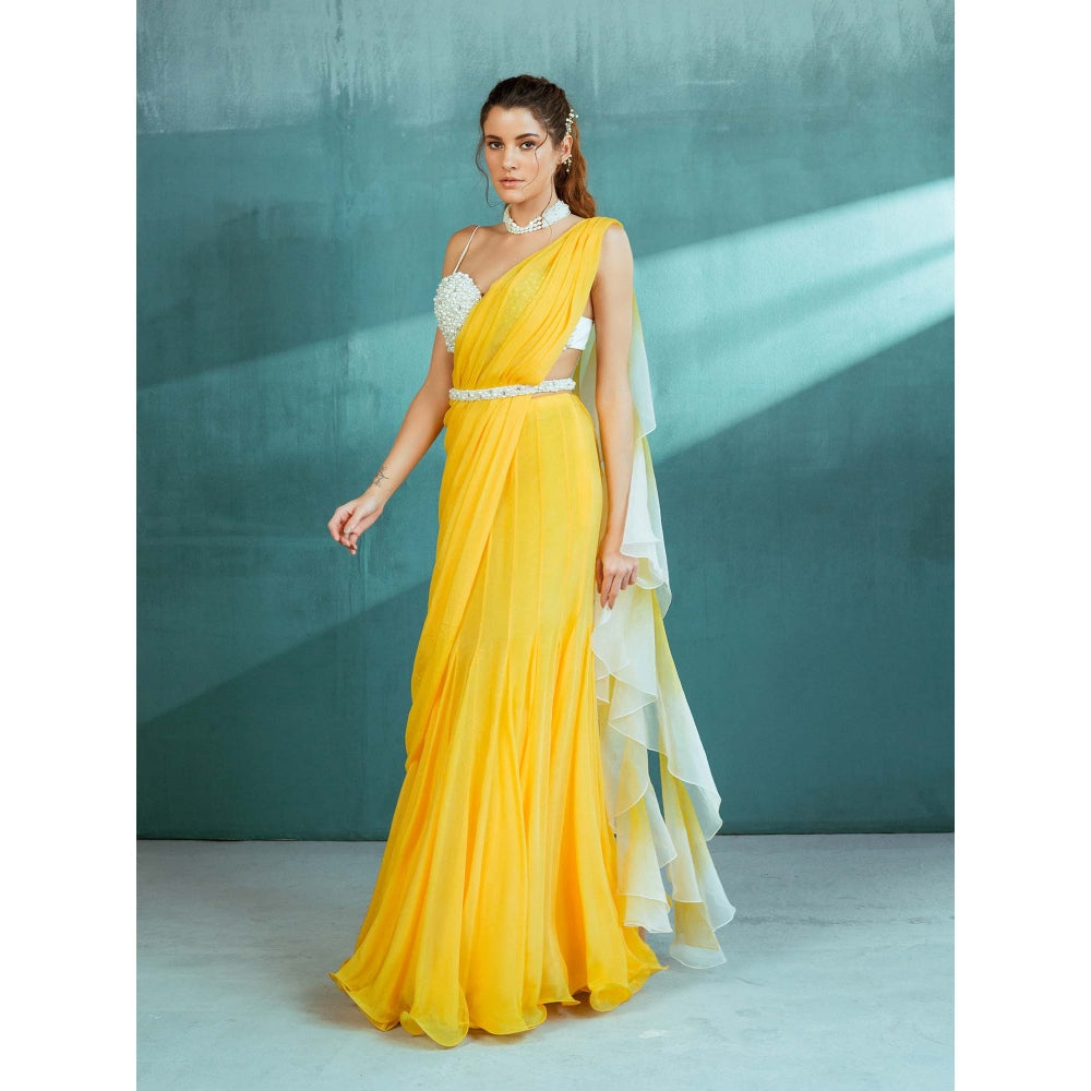 MANDIRA WIRK Yellow Chiffon Ruffled Draped Saree with Stitched Blouse (Set of 3)