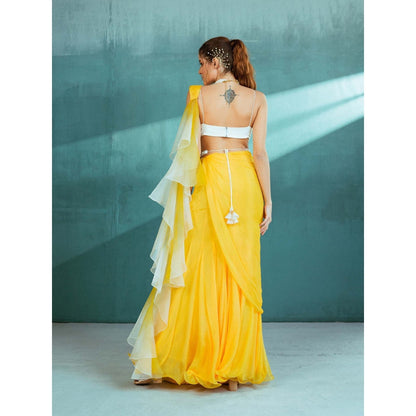 MANDIRA WIRK Yellow Chiffon Ruffled Draped Saree with Stitched Blouse (Set of 3)
