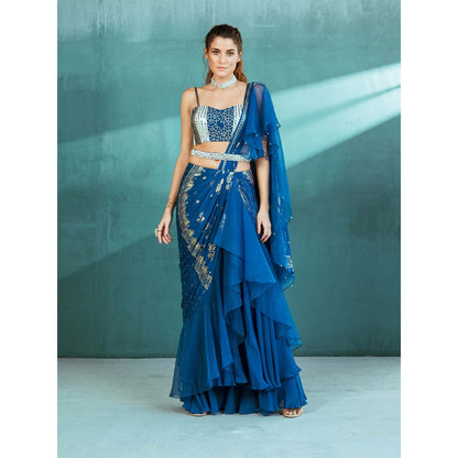 MANDIRA WIRK Blue Chiffon Draped Saree with Stitched Blouse (Set of 3)