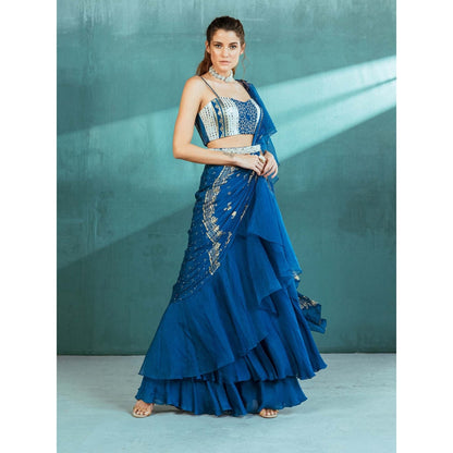 MANDIRA WIRK Blue Chiffon Draped Saree with Stitched Blouse (Set of 3)