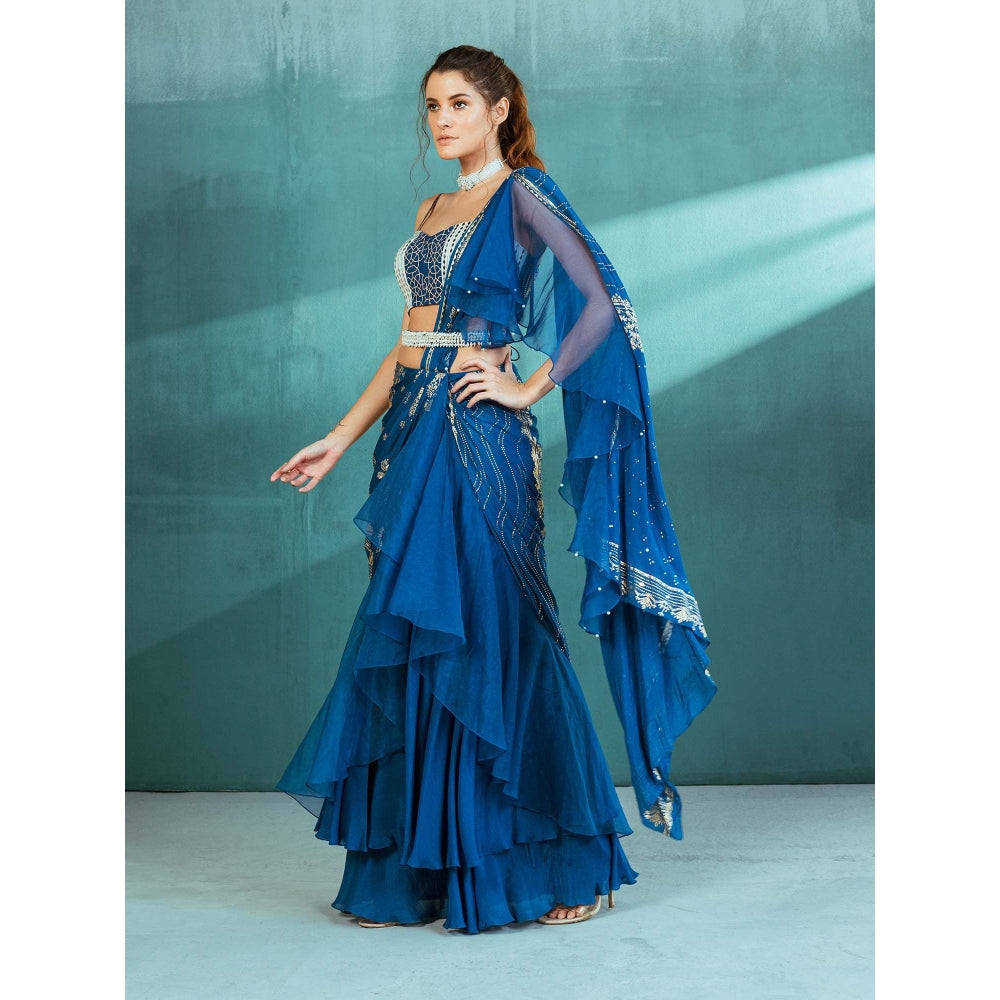 MANDIRA WIRK Blue Chiffon Draped Saree with Stitched Blouse (Set of 3)