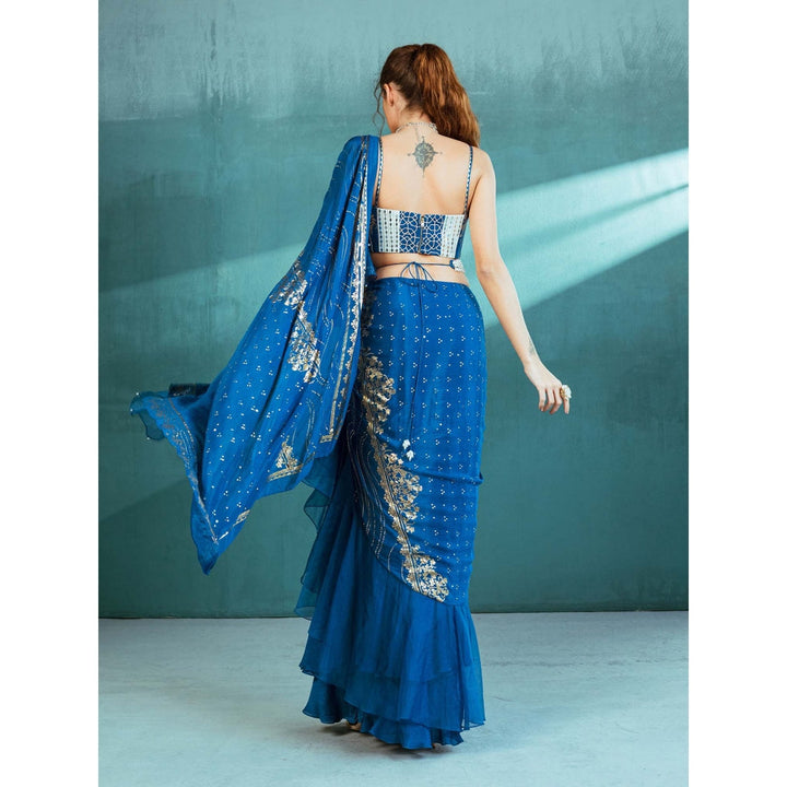 MANDIRA WIRK Blue Chiffon Draped Saree with Stitched Blouse (Set of 3)