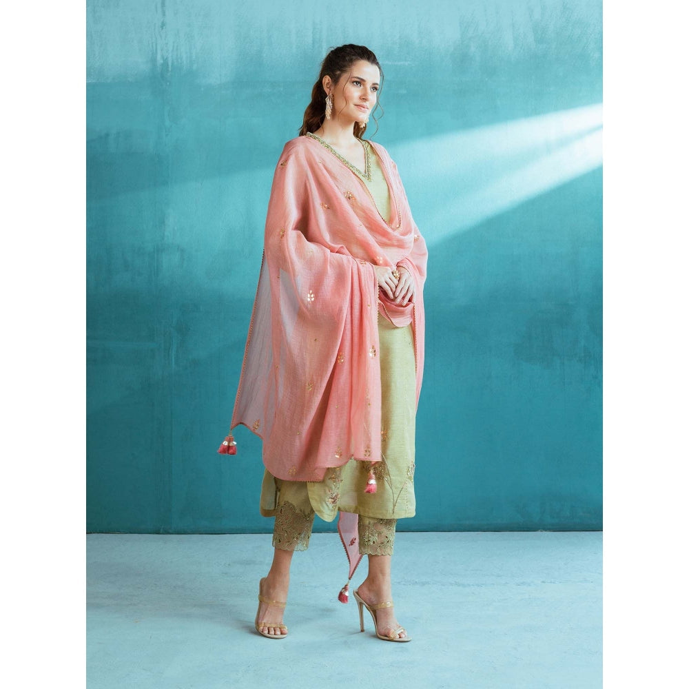 MANDIRA WIRK Pista Green Tissue Chanderi Kurta (Set of 4)