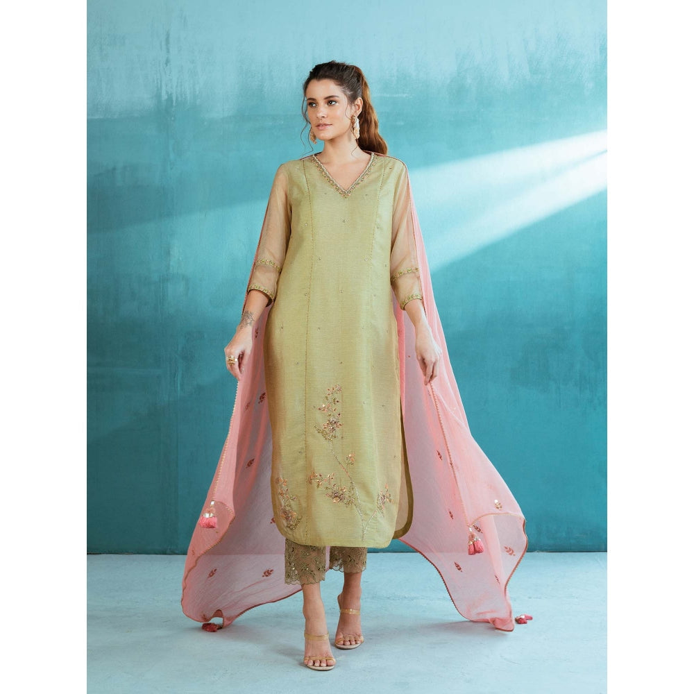 MANDIRA WIRK Pista Green Tissue Chanderi Kurta (Set of 4)