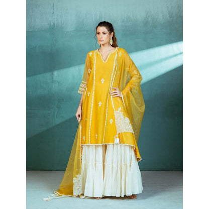 MANDIRA WIRK Mustard Chanderi Godet Kurta Sharara (Set of 4)