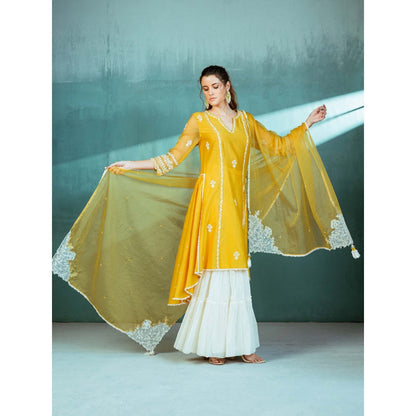 MANDIRA WIRK Mustard Chanderi Godet Kurta Sharara (Set of 4)