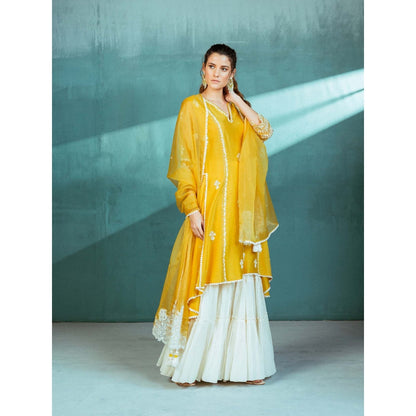 MANDIRA WIRK Mustard Chanderi Godet Kurta Sharara (Set of 4)