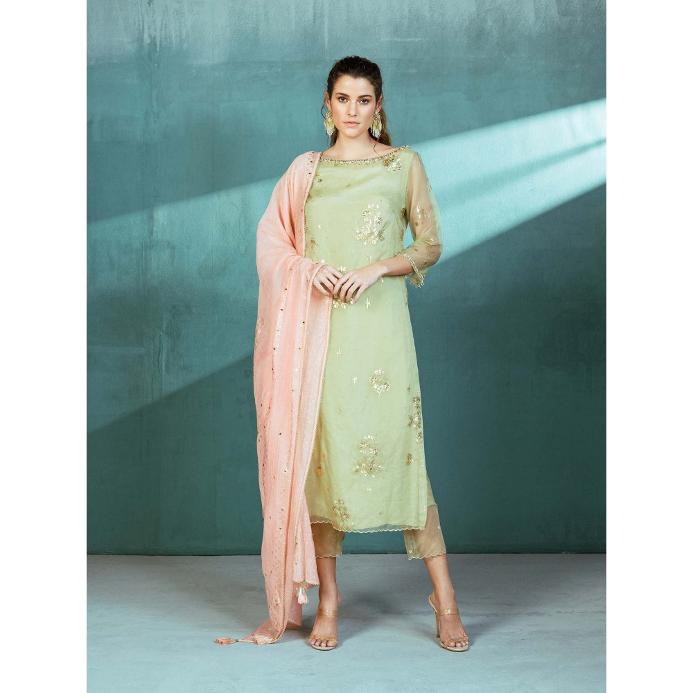 MANDIRA WIRK Mint Green Organza Foil Print Kurta (Set of 3)