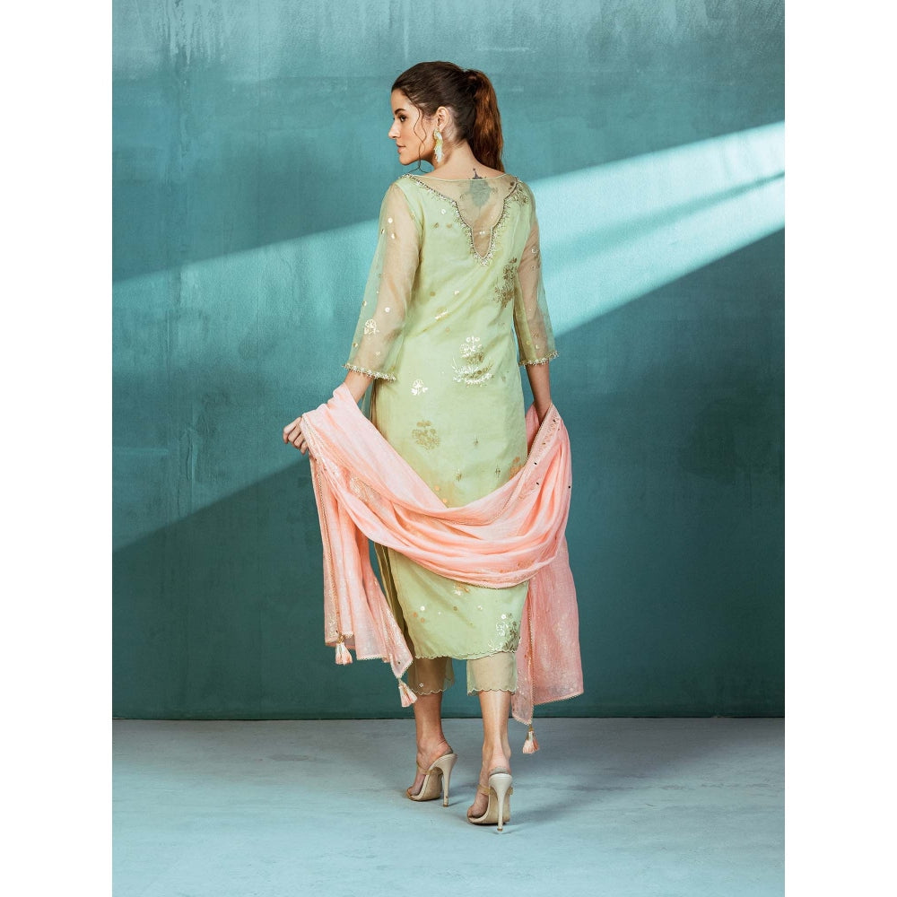 MANDIRA WIRK Mint Green Organza Foil Print Kurta (Set of 3)