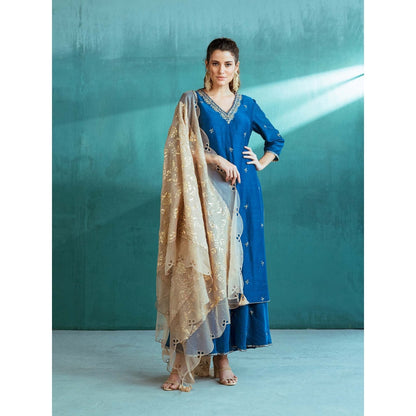 MANDIRA WIRK Blue Chanderi Kurta Sharara (Set of 4)