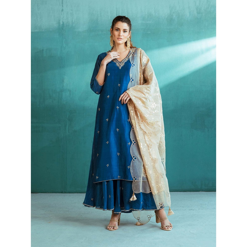 MANDIRA WIRK Blue Chanderi Kurta Sharara (Set of 4)