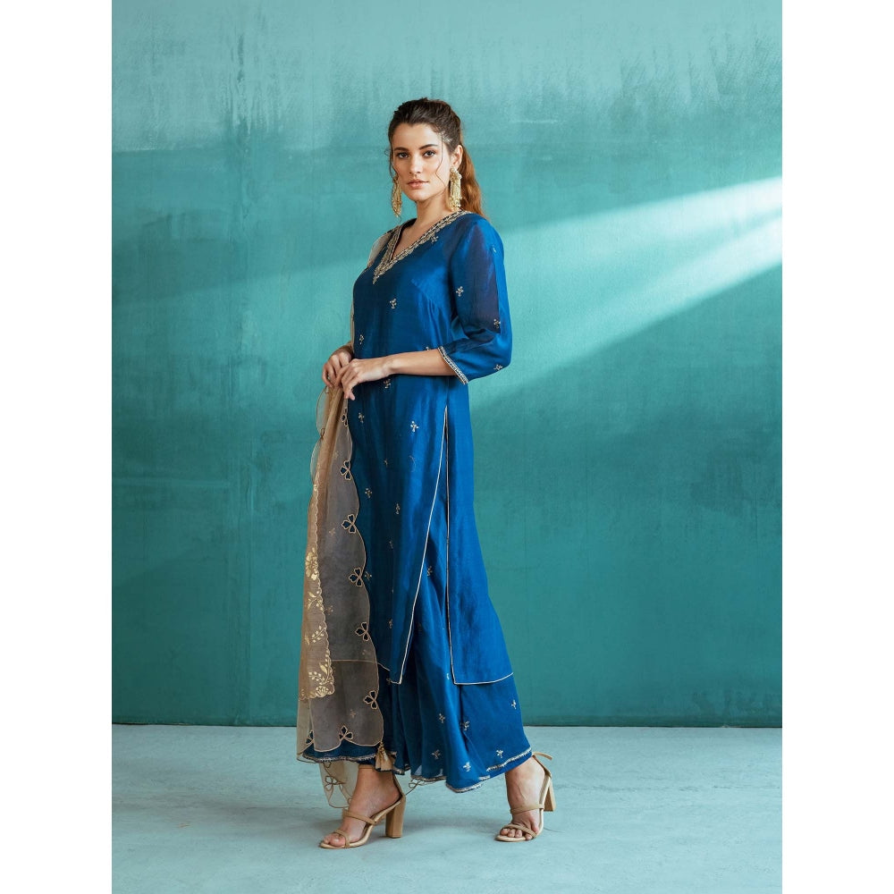 MANDIRA WIRK Blue Chanderi Kurta Sharara (Set of 4)