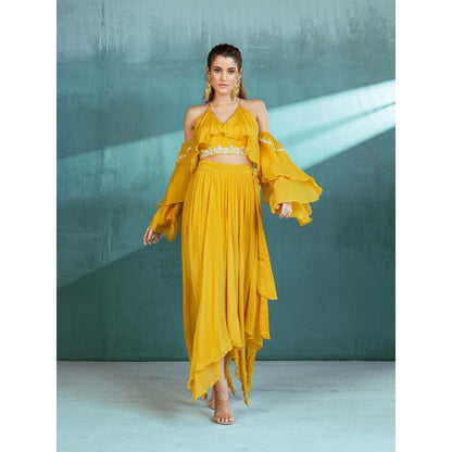 MANDIRA WIRK Mustard Chiffon Top and Skirt (Set of 2)