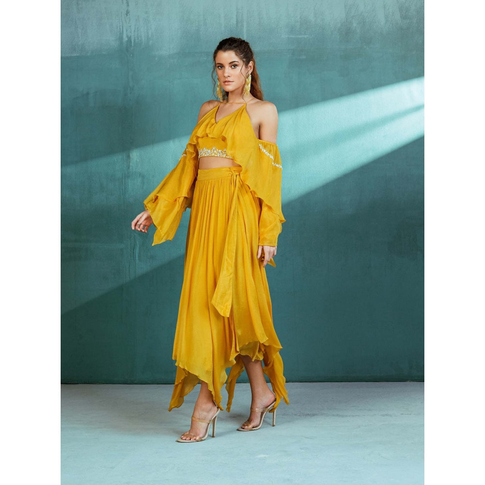 MANDIRA WIRK Mustard Chiffon Top and Skirt (Set of 2)