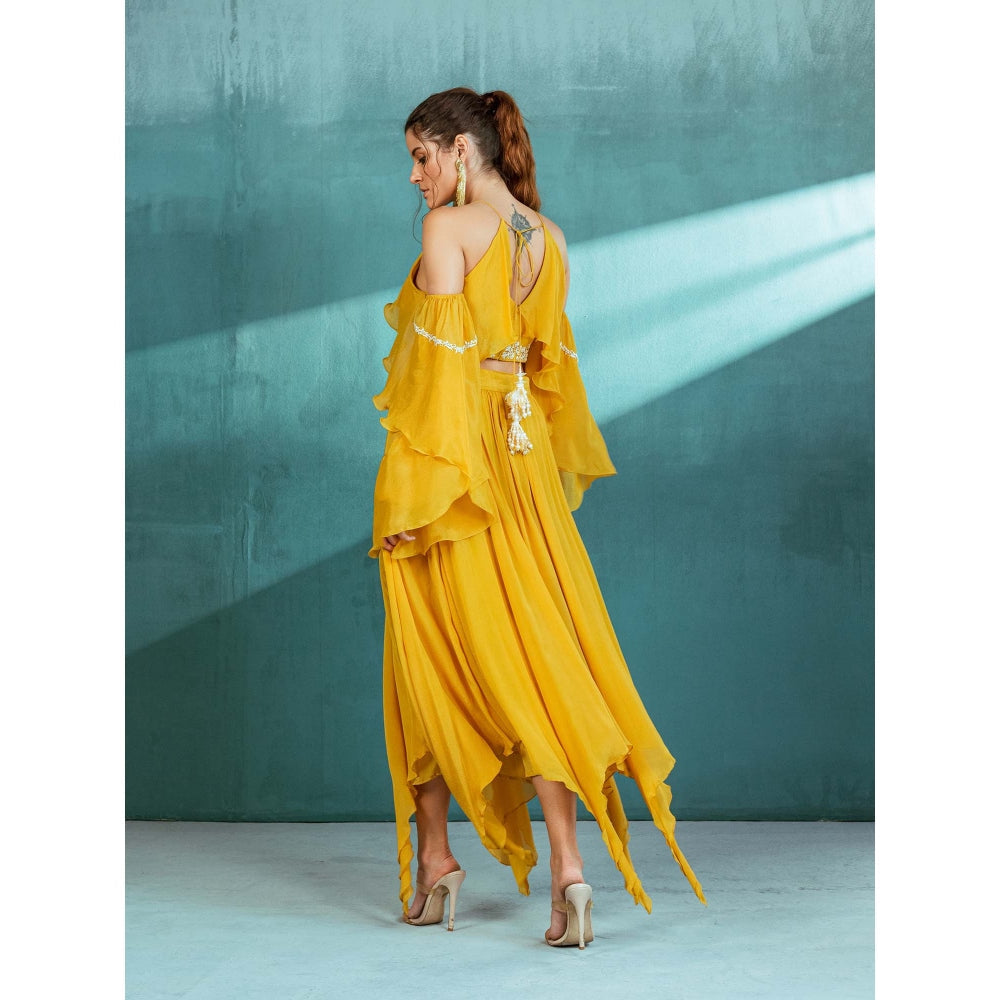 MANDIRA WIRK Mustard Chiffon Top and Skirt (Set of 2)