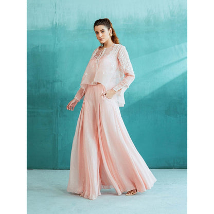 MANDIRA WIRK Peach Embroidered Organza Palazzo (Set of 3)