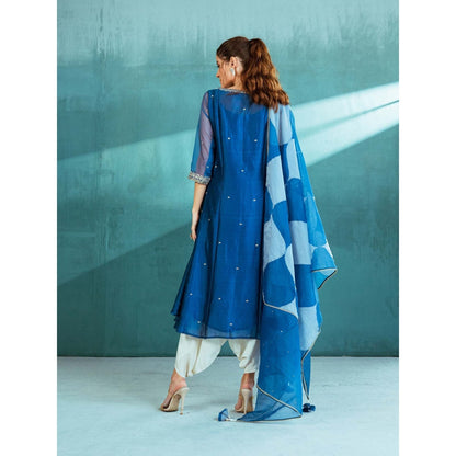 MANDIRA WIRK Blue Chanderi Godet Kurta Dhoti (Set of 4)