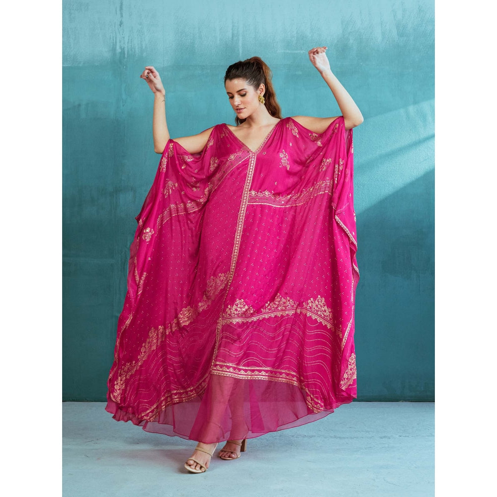 MANDIRA WIRK Fuschia Pink Chiffon Kaftan with Inner Slip (Set of 2)
