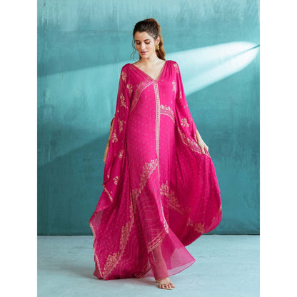 MANDIRA WIRK Fuschia Pink Chiffon Kaftan with Inner Slip (Set of 2)