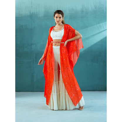 MANDIRA WIRK White and Orange Chiffon Cape with Ivory Blouse and Sharara (Set of 4)