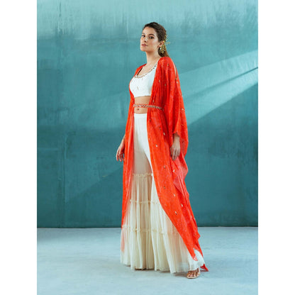 MANDIRA WIRK White and Orange Chiffon Cape with Ivory Blouse and Sharara (Set of 4)