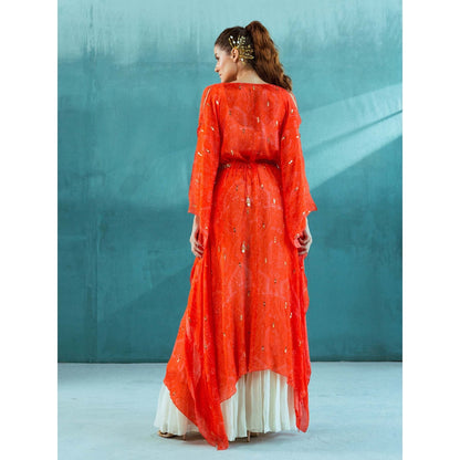 MANDIRA WIRK White and Orange Chiffon Cape with Ivory Blouse and Sharara (Set of 4)