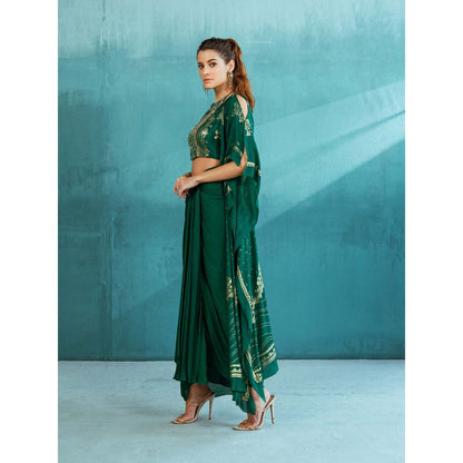 MANDIRA WIRK Emerald Green Cape with Blouse and Lehenga (Set of 3)