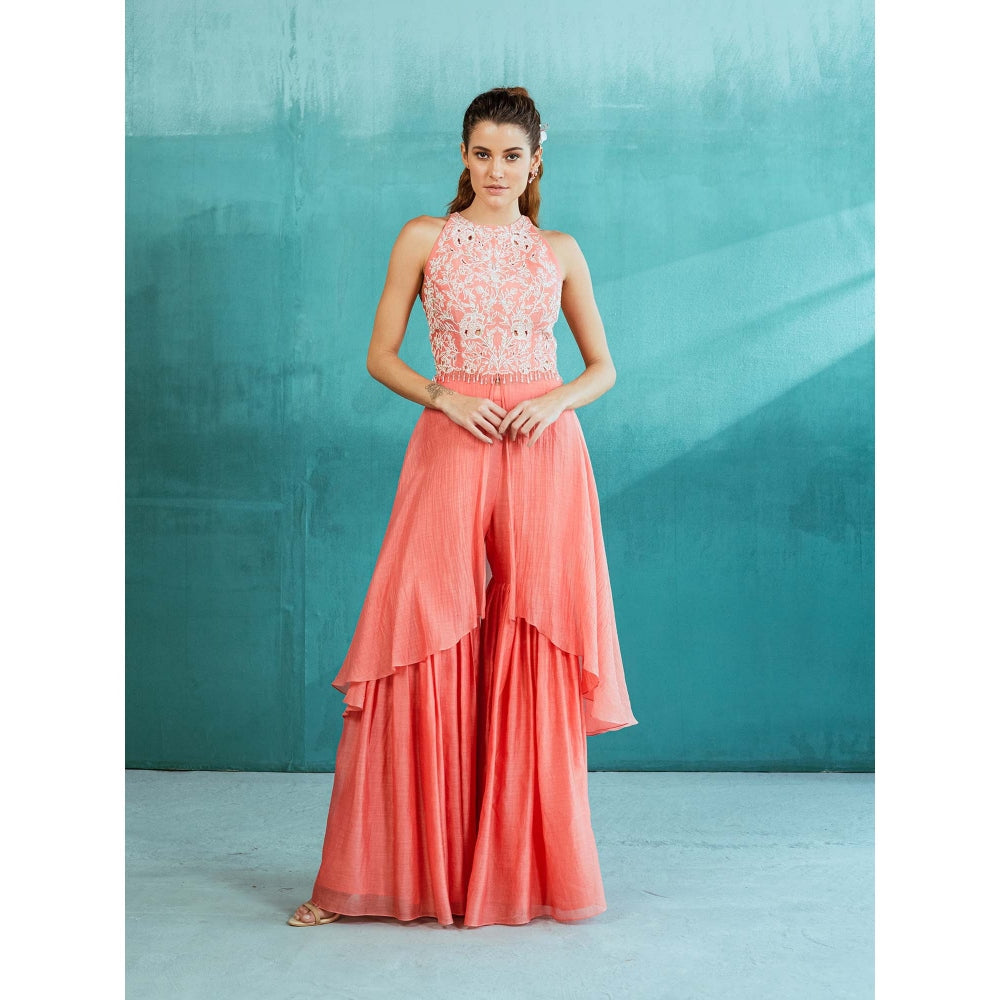 MANDIRA WIRK Pink Chanderi Embroidered Kurta with Sharara (Set of 2)