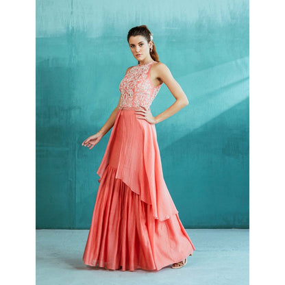 MANDIRA WIRK Pink Chanderi Embroidered Kurta with Sharara (Set of 2)