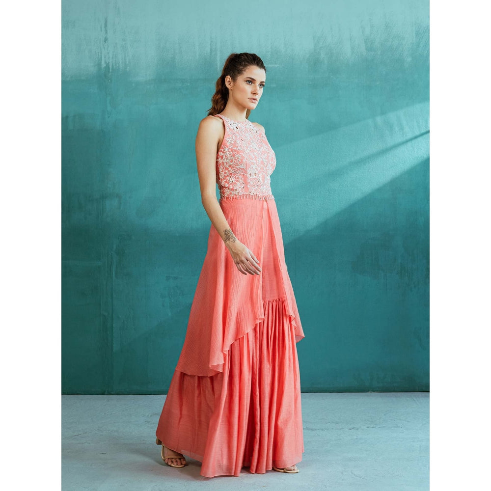 MANDIRA WIRK Pink Chanderi Embroidered Kurta with Sharara (Set of 2)