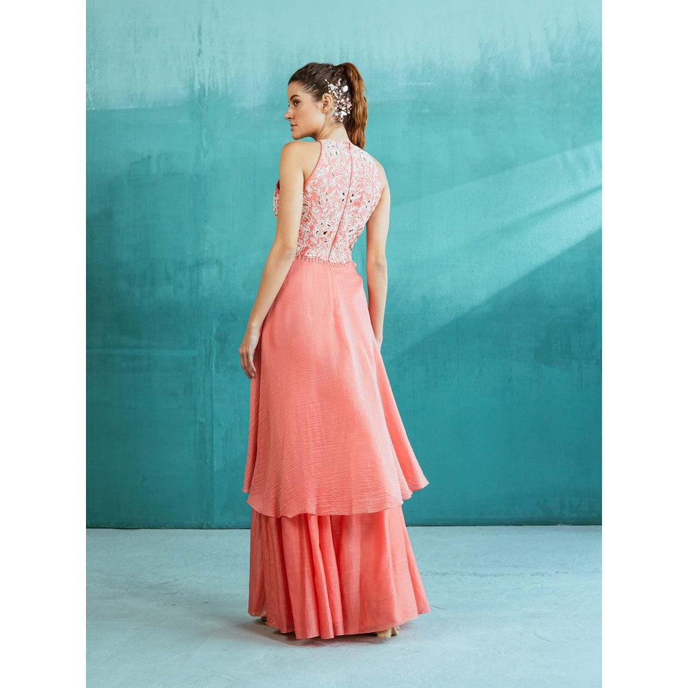 MANDIRA WIRK Pink Chanderi Embroidered Kurta with Sharara (Set of 2)